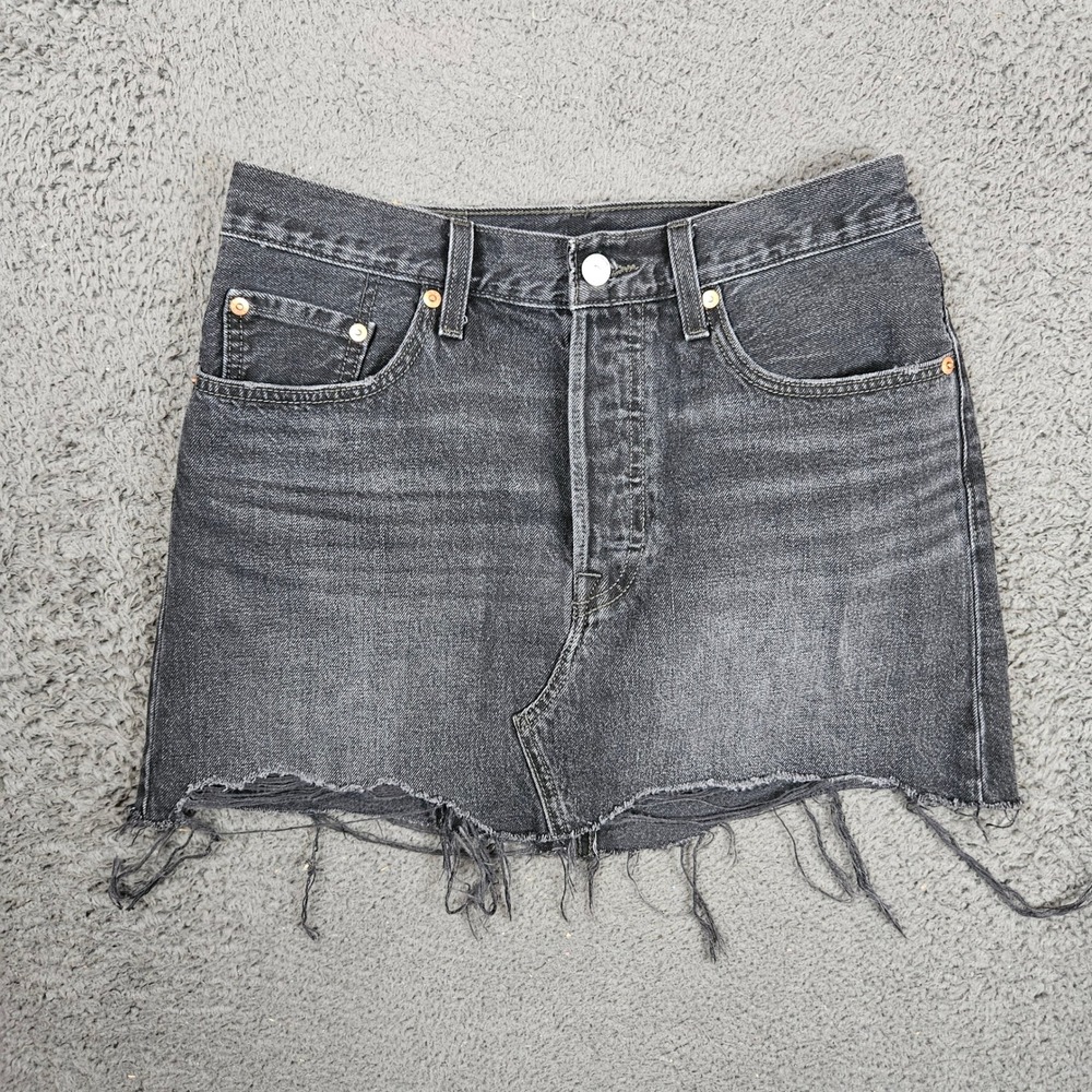 Levis 501 Original Mini Skirt Dark Gray Denim Raw Hem Button Fly Size 29